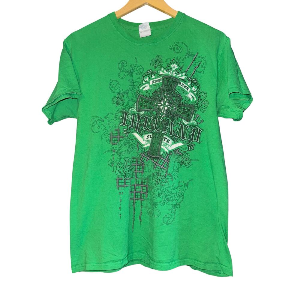 Vintage Y2K Ireland T‎ Shirt Mens Medium Mall Grunge Skater Celtic Cross Green